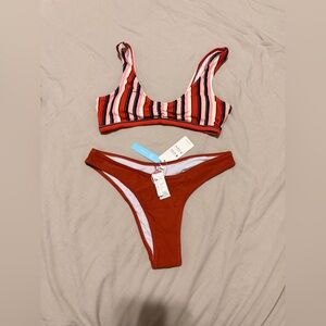 Cupshe Red Multi-Stripe Scoop Bikini Set